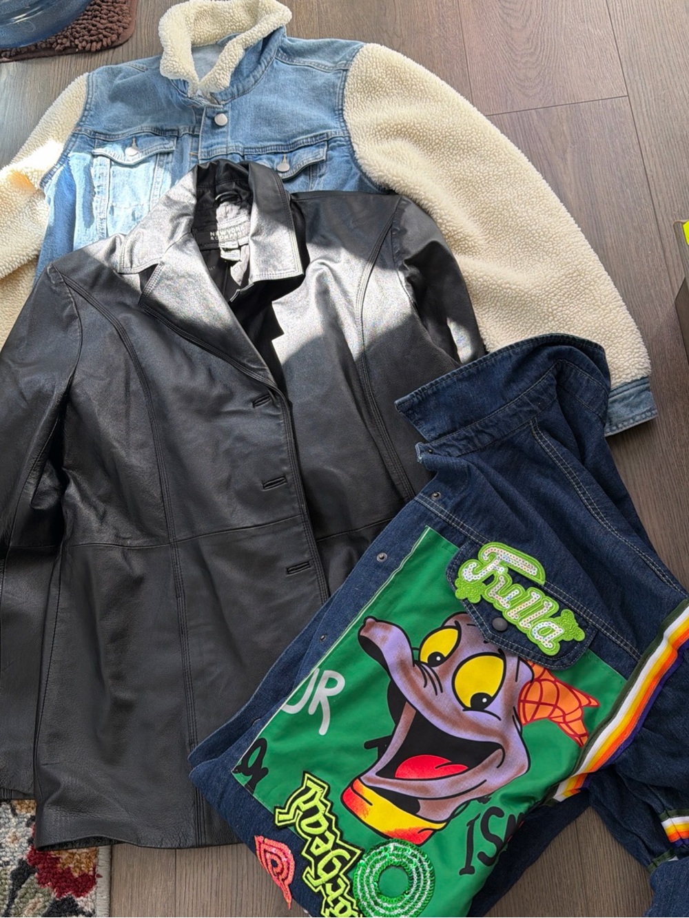 3 size L ladies Jackets, NY & Co, Universal Thread, Hippie Long Denim Appliqué